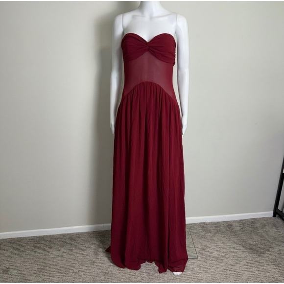 Commense Semi-Sheer Ruched Long-Ribbon Tube Dress red size M/6 - Picture 7 of 10